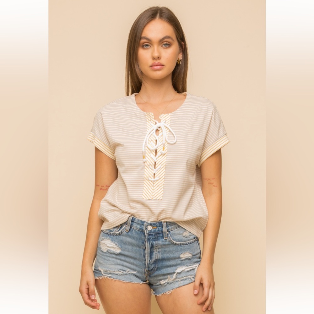123. Short Set Lace Up Knit Top Pin Stripe Shorts Taupe/Mustard/Ivory - Picture 6 of 8